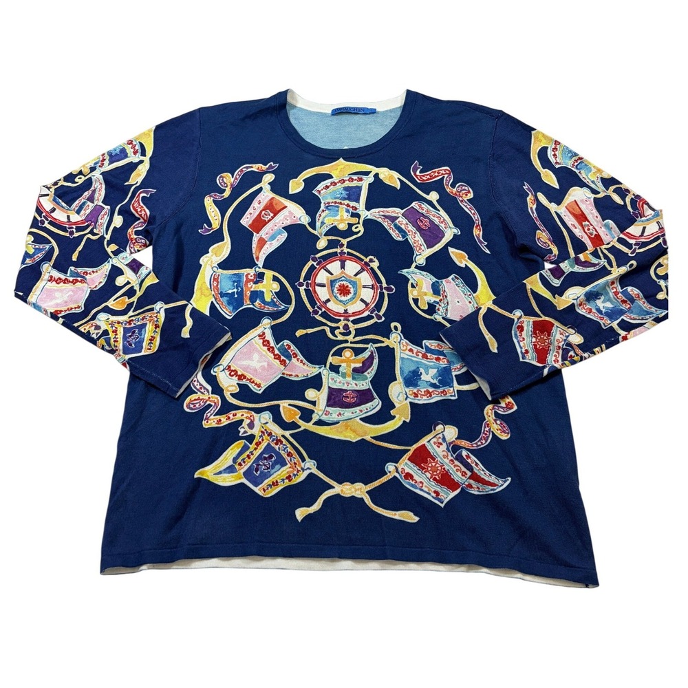 J.McLaughlin Navy Nautical Maritime Flag Anchor Knit Top Long Sleeve Size L
